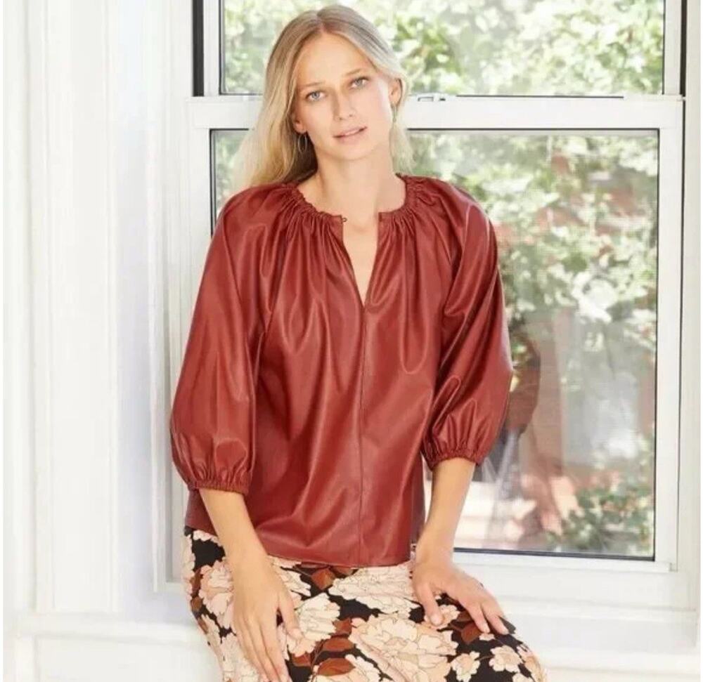 Who What Wear Faux Leather Blouse XSmall Top Brick Red Size XS Pleather Burgundy